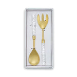 Product photography of a luxurious gold-plated salad server set with clear twisted crystal handles, featuring a spoon and a three-pronged fork, neatly displayed in a white gift box