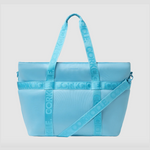 Product photography of a light blue Corkcicle tote bag featuring the brand name embossed on the front and repeatedly on its thick webbed top handles and detachable shoulder strap, highlighting its padded structure
