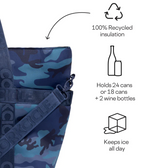 Product image of a CORKCICLE cooler bag in a blue camouflage pattern highlighting its 100% recycled insulation capacity to hold 24 cans or 18 cans plus 2 wine bottles and ability to keep ice all day