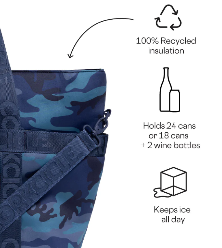 Product image of a CORKCICLE cooler bag in a blue camouflage pattern highlighting its 100% recycled insulation capacity to hold 24 cans or 18 cans plus 2 wine bottles and ability to keep ice all day