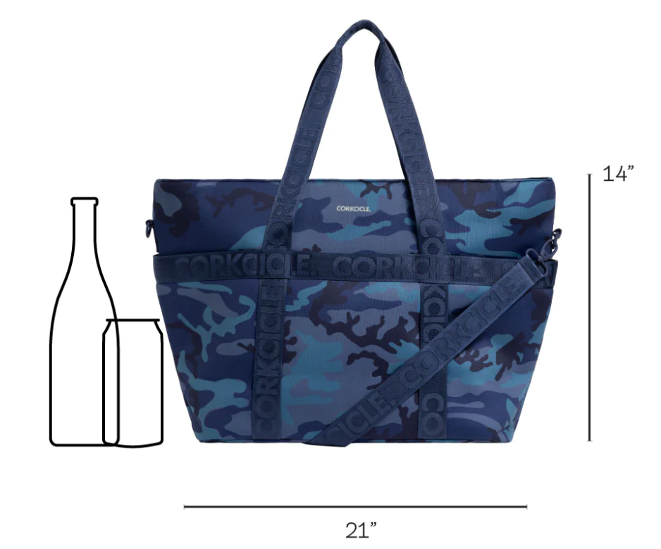 Corkcicle blue camouflage cooler bag product image displaying Corkcicle branding on straps measuring 14 inches high by 21 inches wide with ghosted bottle and can outlines for scale