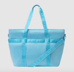 Aqua blue Corkcicle insulated cooler tote bag with top handles and a removable shoulder strap, featuring embossed Corkcicle branding on the front and all straps