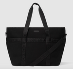 CORKCICLE product photography of a sleek matte black tote bag featuring the CORKCICLE logo prominently on the front and repeating embossed text on its two top handles and detachable cross-body strap