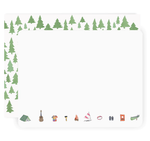Watercolor illustration of a camping-themed stationery border featuring green pine trees along the top and left edges, with small icons including a vibrant tie-dye shirt, a sailboat with a red-striped sail, and a green canoe at the bottom