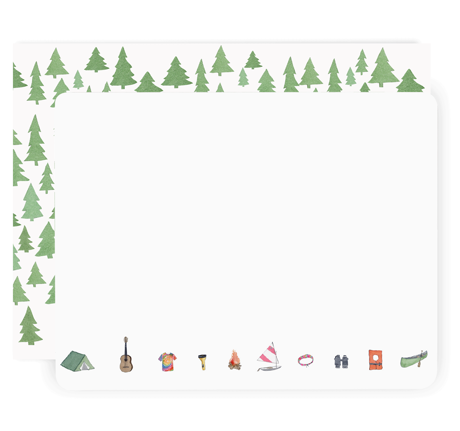 Watercolor illustration of a camping-themed stationery border featuring green pine trees along the top and left edges, with small icons including a vibrant tie-dye shirt, a sailboat with a red-striped sail, and a green canoe at the bottom