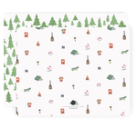 Watercolor illustration by E. Frances Paper depicting a playful pattern of camping and outdoor activities in a whimsical forest campsite with green pine trees, colorful tie-dye shirts, and vibrant campfires