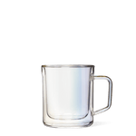 Product photography of a clear double-wall glass mug with an integrated handle and subtle iridescent reflections