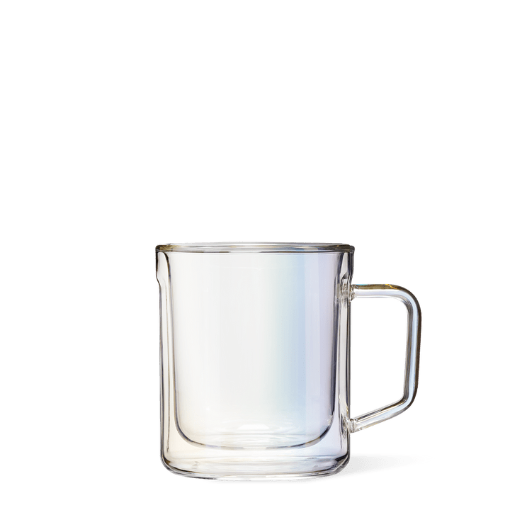 Product photography of a clear double-wall glass mug with an integrated handle and subtle iridescent reflections