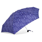 Photograph of an open vibrant blue umbrella showcasing an intricate white pattern of suns stars and abstract floral shapes