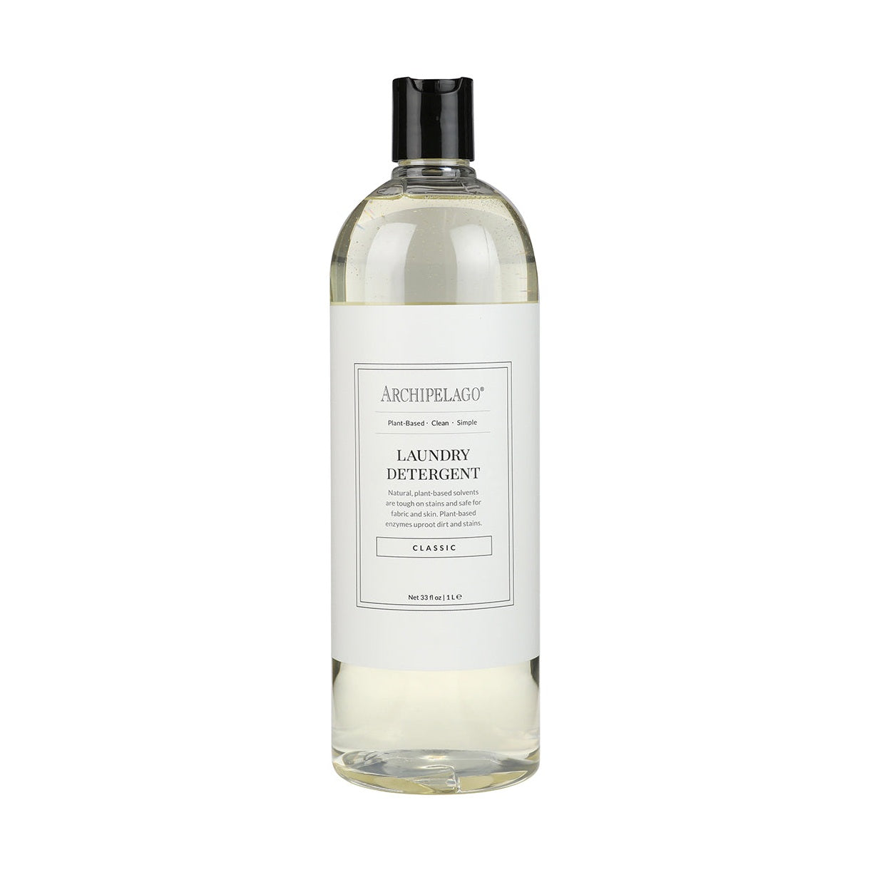 Archipelago Laundry Detergent bottle on a white background, featuring a clear liquid, a black pour-spout cap, and a minimalist white label with Archipelago branding and plant-based classic scent details