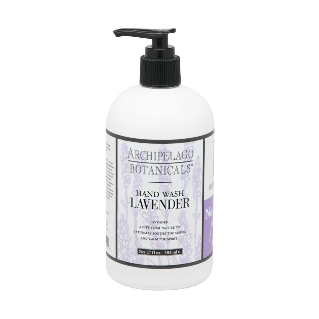 A pump bottle of Archipelago Botanicals hand wash in lavender color with a label that includes the product name and the fact that it's paraben and sulfate free.