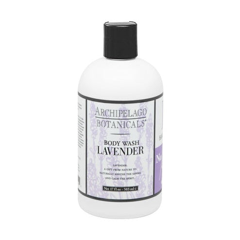 A 17oz bottle of Archipelago Botanicals body wash in lavender scent, with a label that includes the product name and the fact that it's formulated with natural antioxidants.