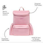 Product image of a CORKCICLE pink neoprene cooler backpack featuring a zippered top pocket, expanded side pockets, and capacity for 24 cans or 2 wine bottles