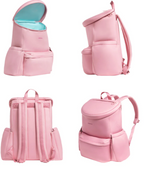 Product photography featuring a light pink OMGEEL backpack presented in multiple views with its top flap open to show a vibrant light blue interior lining, a practical zippered front pocket, and two exterior side pockets