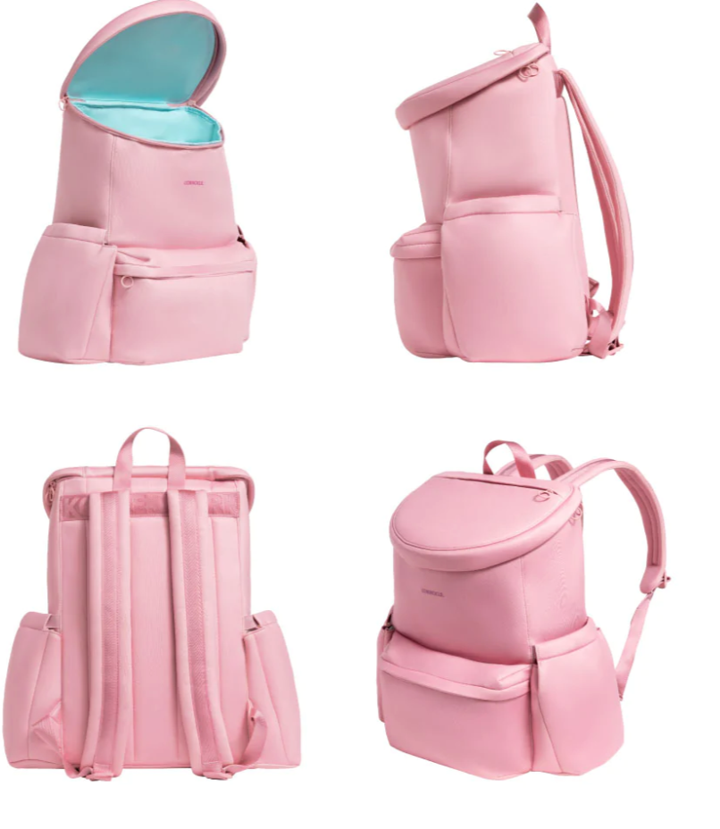 Product photography featuring a light pink OMGEEL backpack presented in multiple views with its top flap open to show a vibrant light blue interior lining, a practical zippered front pocket, and two exterior side pockets