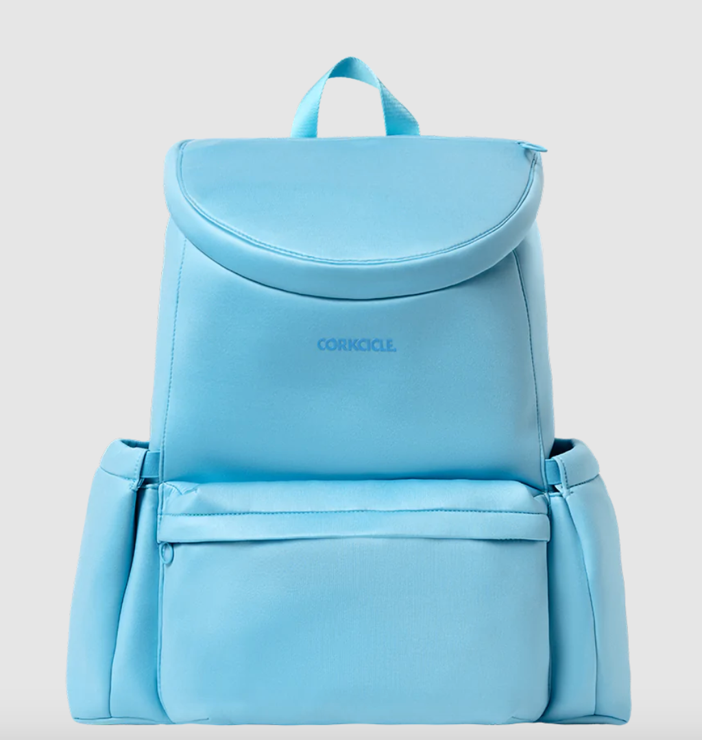 Light blue CORKCICLE backpack featuring a rounded top flap, an embossed logo, a large front zip pocket, and two padded side pockets