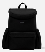 Black Corkcicle backpack made of sleek neoprene material featuring a front flap closure subtle logo side pockets and a top carry handle in a studio shot