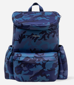 CORKCICLE product photo of a blue camouflage backpack featuring the CORKCICLE logo a top flap closure and practical side pockets
