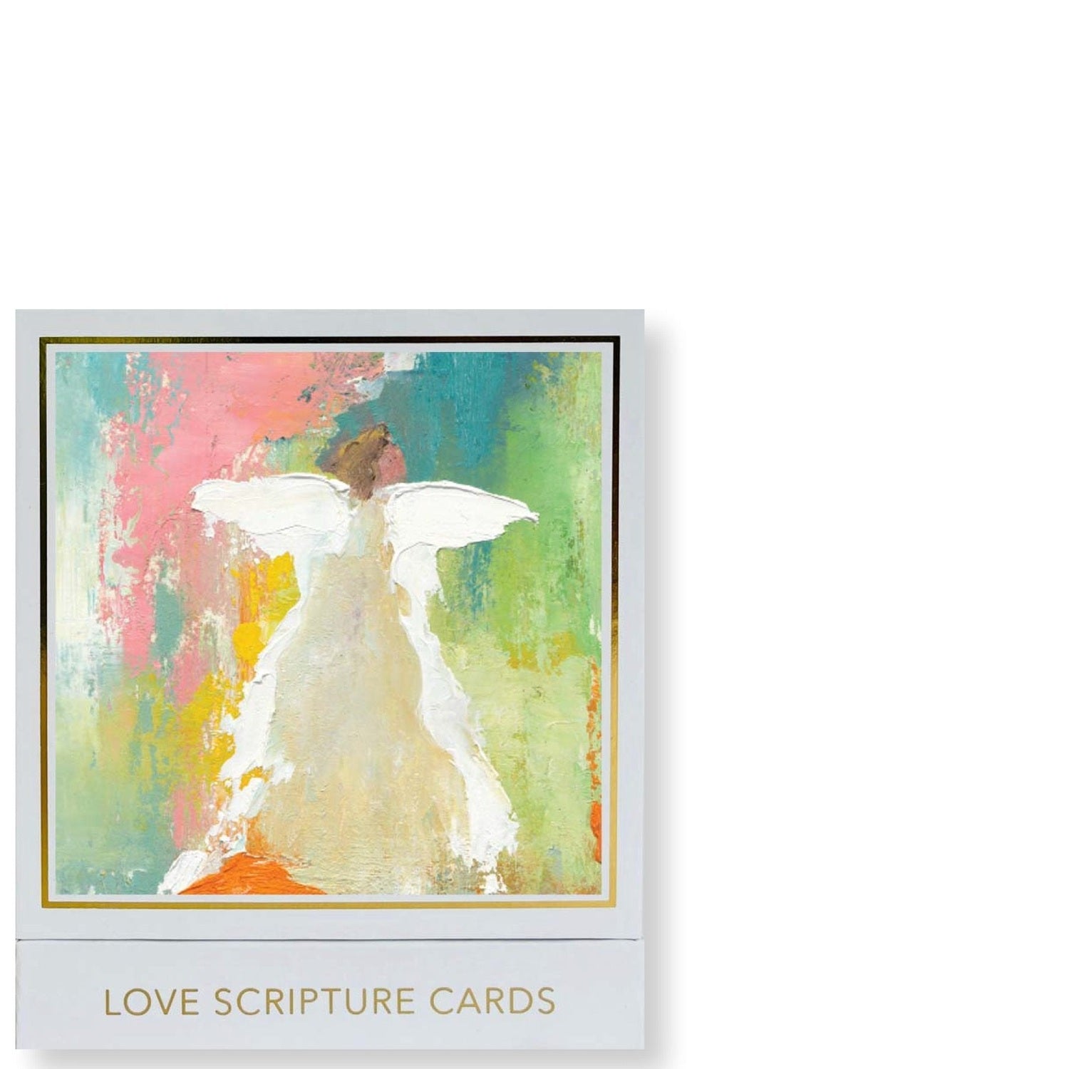 Abstract painting depicting a white angel with prominent wings and a flowing gown, set against a vibrant textured background of pastel pink, green, and yellow strokes, presented on a Love Scripture Cards box with a gold border