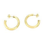 Pair of shiny chunky hollow gold hoop earrings with post-back studs on a plain white background