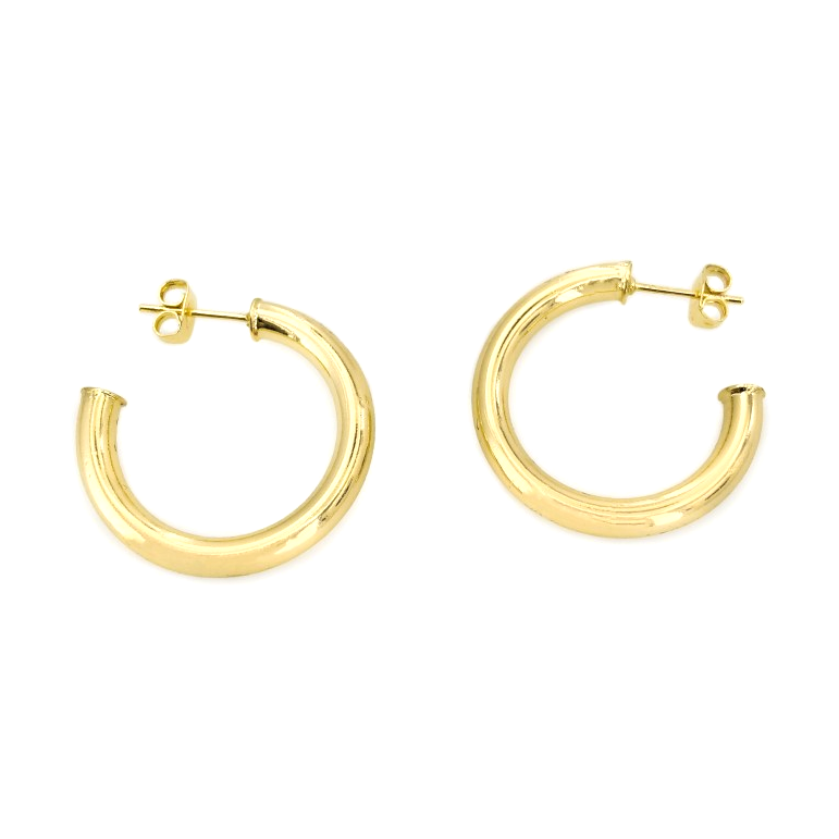 Pair of shiny chunky hollow gold hoop earrings with post-back studs on a plain white background