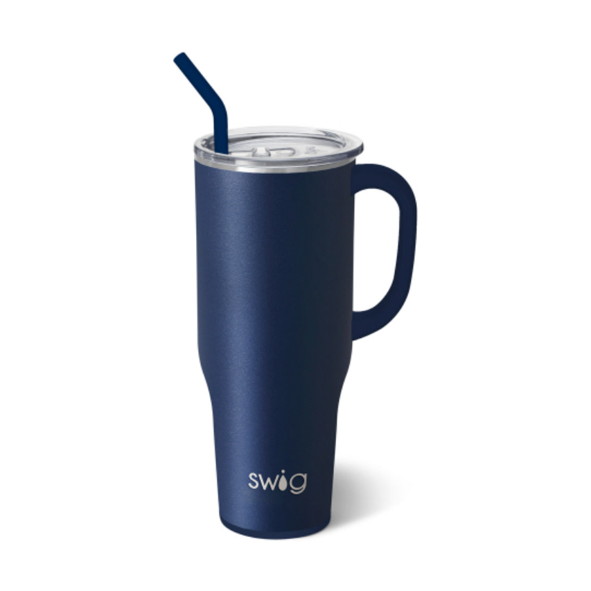 Swig Life matte navy blue insulated tumbler with a handle and a bent blue straw