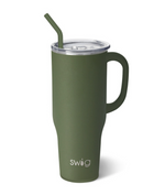 Swig brand olive green insulated travel mug with a prominent side handle, clear lid, bent green straw, and the Swig logo displayed at its base
