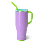 Swig brand lavender handled insulated tumbler with a bright green handle and straw, and an aqua lid