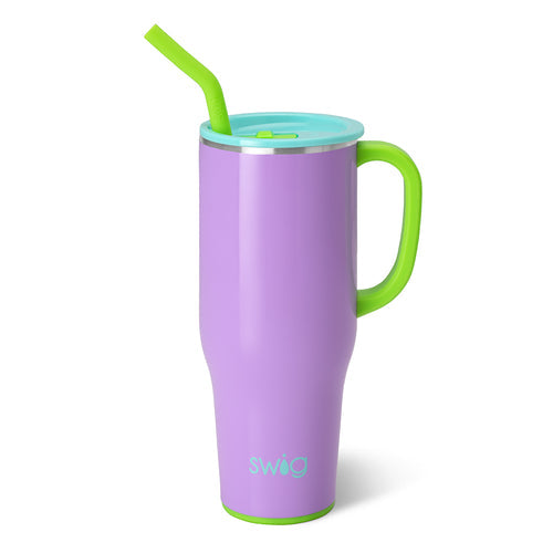 Swig brand lavender handled insulated tumbler with a bright green handle and straw, and an aqua lid