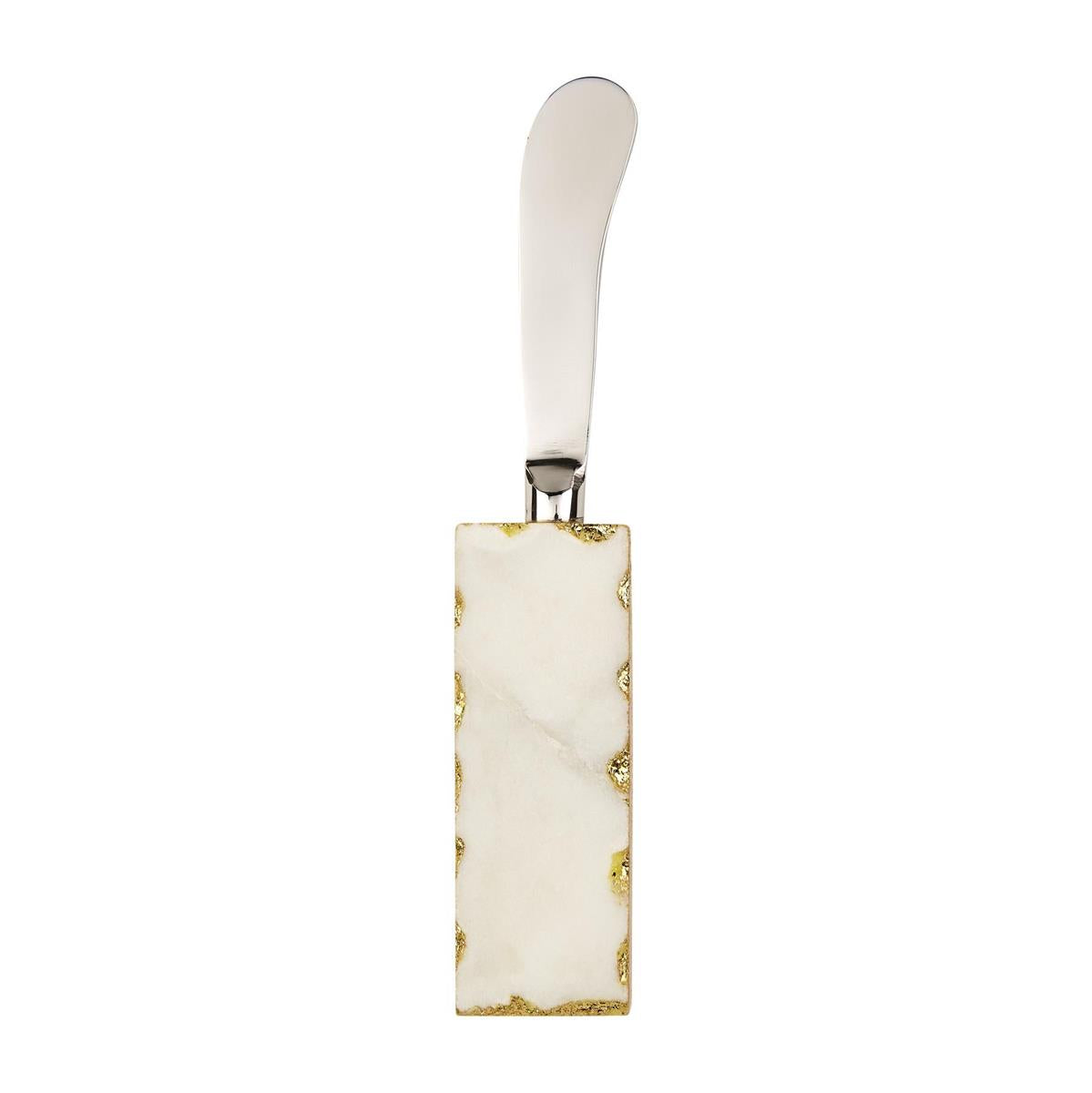 Elegant butter knife with a rectangular white stone handle featuring jagged gold leaf accents and a polished silver blade