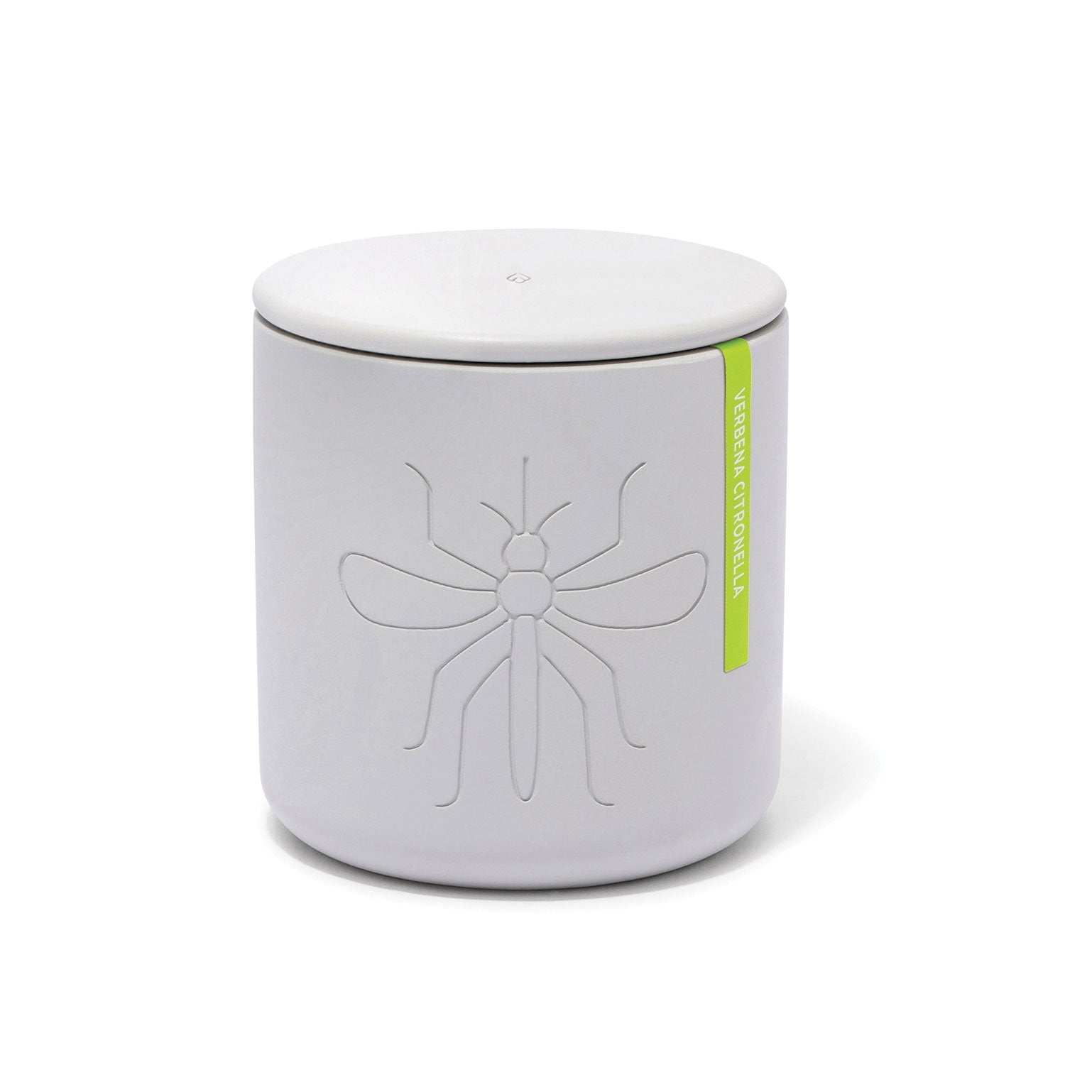 Light grey cylindrical candle or diffuser with a matching lid, featuring an embossed mosquito design and a bright green label reading Verbena Citronella on a white background