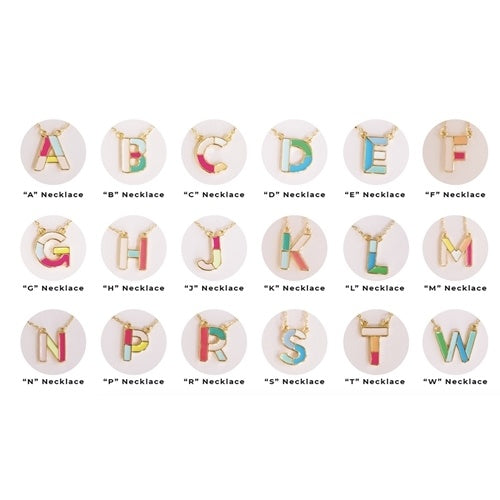 Grid of colorful enamel alphabet letter pendants on gold chains
