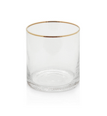 Clear glass tumbler with a gleaming gold rim, subtly fluted sides, and a decorative concentric pattern on its base