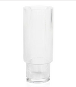 Clear glass tall cylindrical vase with fine vertical fluting and a distinct two-tiered stepped design