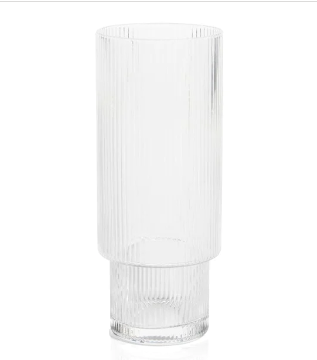 Clear glass tall cylindrical vase with fine vertical fluting and a distinct two-tiered stepped design