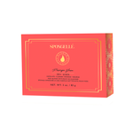 Product photography of a Spongellé Papaya Yuzu Pedi-Buffer box in vibrant coral red with elegant gold ornate borders and a central Beyond Cleanse logo indicating 30 plus uses