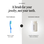 Shinery graphic advertisement comparing a blue toothbrush with green bristles to a white Shinery Radiance Brush with soft white bristles, highlighted by a central VS icon and the tagline A brush for your jewelry, not your teeth