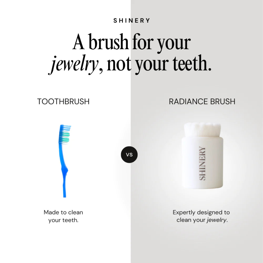 Shinery graphic advertisement comparing a blue toothbrush with green bristles to a white Shinery Radiance Brush with soft white bristles, highlighted by a central VS icon and the tagline A brush for your jewelry, not your teeth