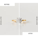 A split-image close-up of a diamond engagement ring with a gold band illustrating a cloudy 'BEFORE' diamond on the left contrasted with a sparkling faceted 'AFTER' diamond on the right against a bright white background