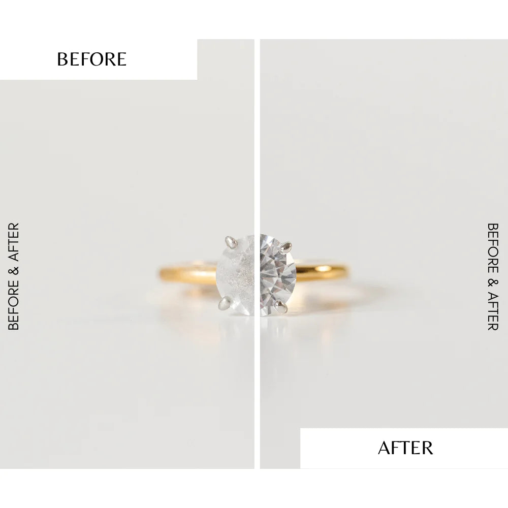 A split-image close-up of a diamond engagement ring with a gold band illustrating a cloudy 'BEFORE' diamond on the left contrasted with a sparkling faceted 'AFTER' diamond on the right against a bright white background