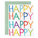 Watercolor birthday greeting card featuring four rows of vibrant rainbow Happy text and Birthday! below on a white background, with a pale green envelope partially visible behind
