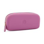 A vibrant magenta silicone oblong pouch featuring a gold zipper and an embossed P logo