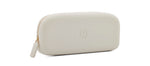 Product photograph of an off-white smooth rounded rectangular cosmetic pouch featuring a gold-toned zipper and an embossed P logo