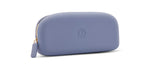 A periwinkle silicone cosmetic pouch featuring a gold zipper with a matching pull, subtle blue top stitching, and an embossed script 'p' logo