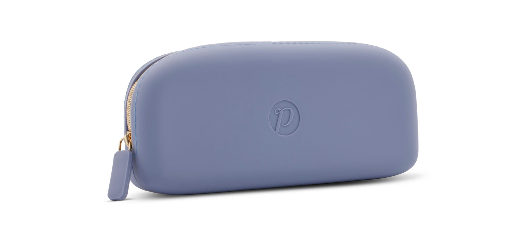 A periwinkle silicone cosmetic pouch featuring a gold zipper with a matching pull, subtle blue top stitching, and an embossed script 'p' logo