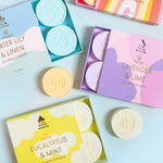 Overhead flat lay of three open Musee shower steamer boxes in light blue Water Lily & Linen, lavender Lavender & Lime, and yellow Eucalyptus & Mint, showcasing round tablets with a leaf logo on a light blue surface