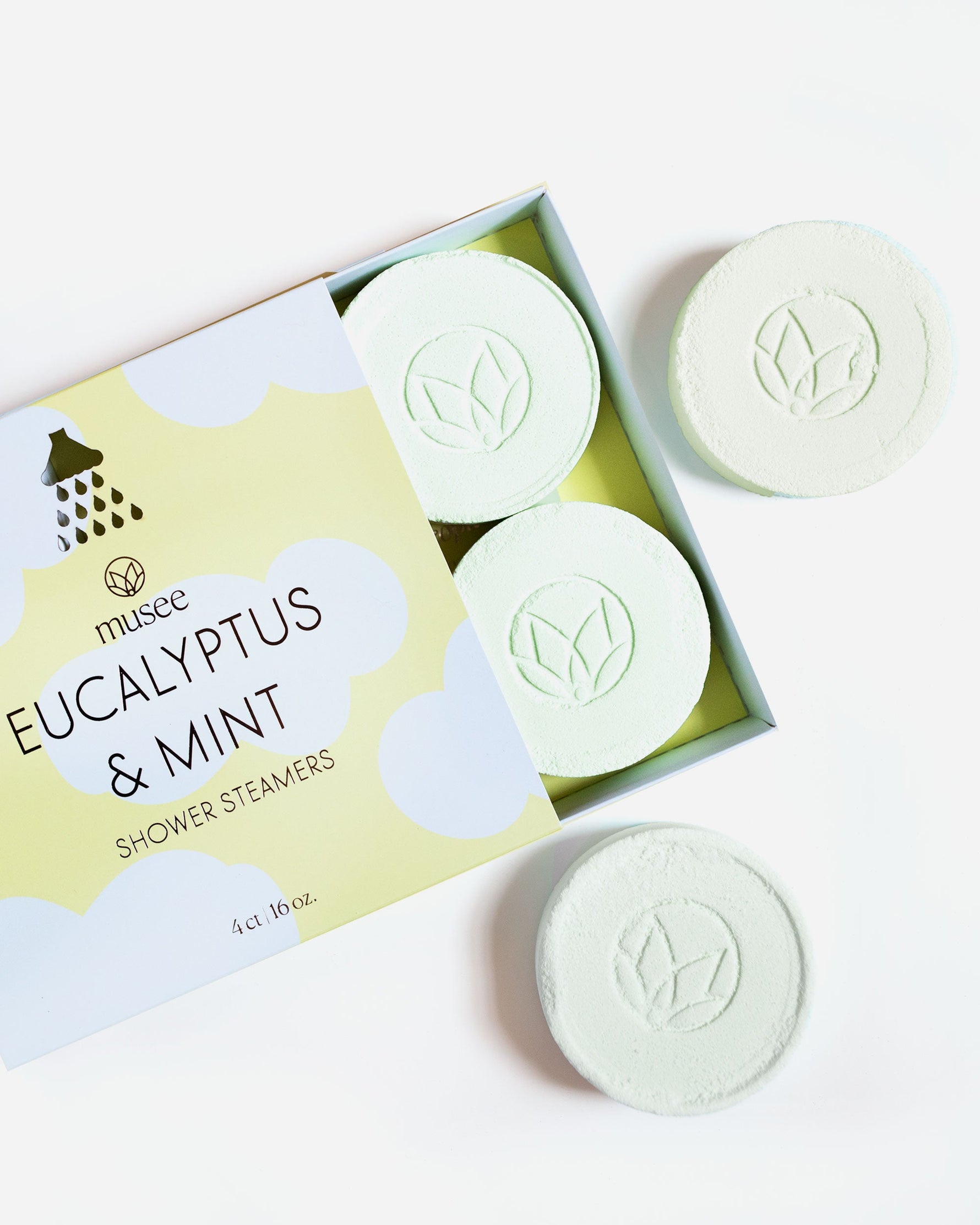 Digital photograph by Musee of Eucalyptus & Mint Shower Steamers featuring four pale green round tablets with an embossed leaf logo and their yellow and white product box with a shower icon