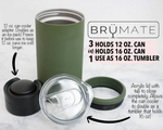 Product photograph of an olive green BrüMate 3-in-1 insulated beverage holder on a white marble surface, showcasing its main tumbler body, black 12oz can cooler adapter that doubles as an ice pack, and clear acrylic lid, allowing it to hold 12oz or 16oz cans or function as a 16oz tumbler