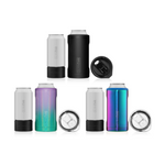 Studio photo of Brumate insulated can coolers and tumblers in various colors including white black iridescent purple-teal glitter and metallic blue-purple shown with interchangeable coffee and straw lids