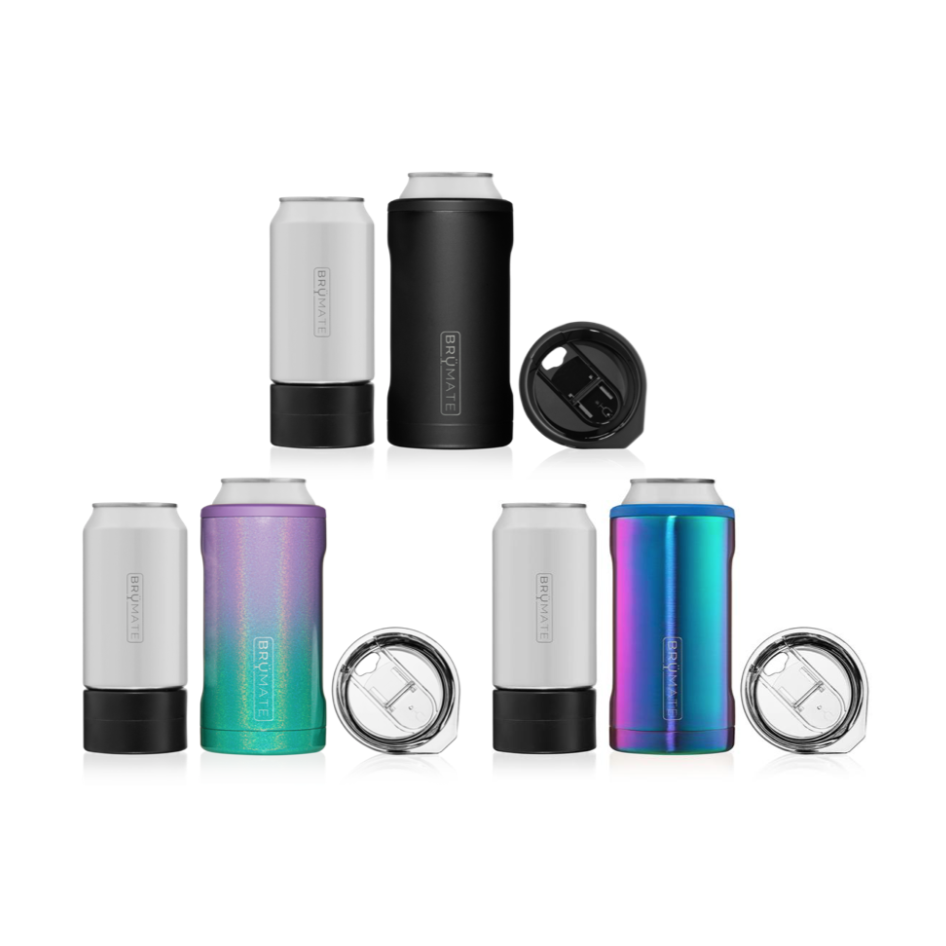 Studio photo of Brumate insulated can coolers and tumblers in various colors including white black iridescent purple-teal glitter and metallic blue-purple shown with interchangeable coffee and straw lids